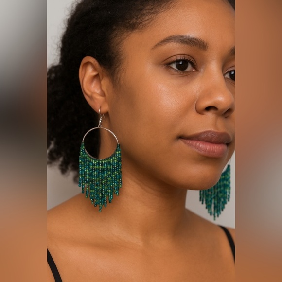 Elegant Beaded Fringe Earrings in Green and Blue - Picture 1 of 4